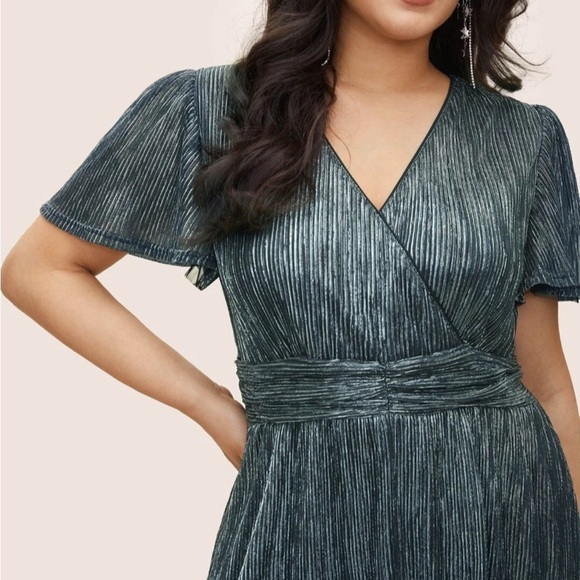 Bloomchic Cerulean Glitter Mesh Lined Surplice Neck Ruffle Pocket Dress 14-16 - Picture 4 of 11